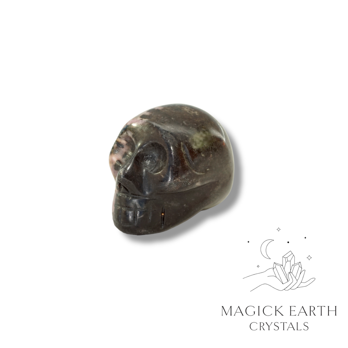 Natural Rhodonite crystal mini skull view b