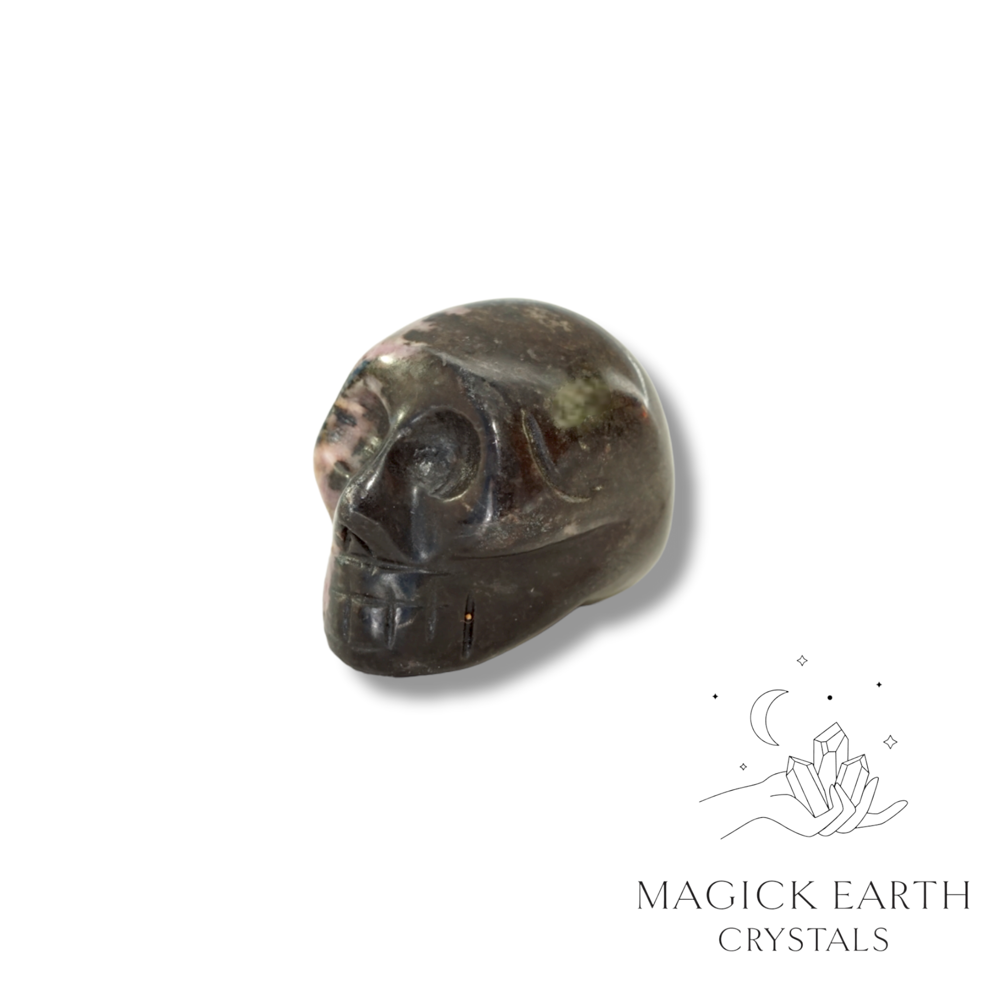 Natural Rhodonite crystal mini skull view b