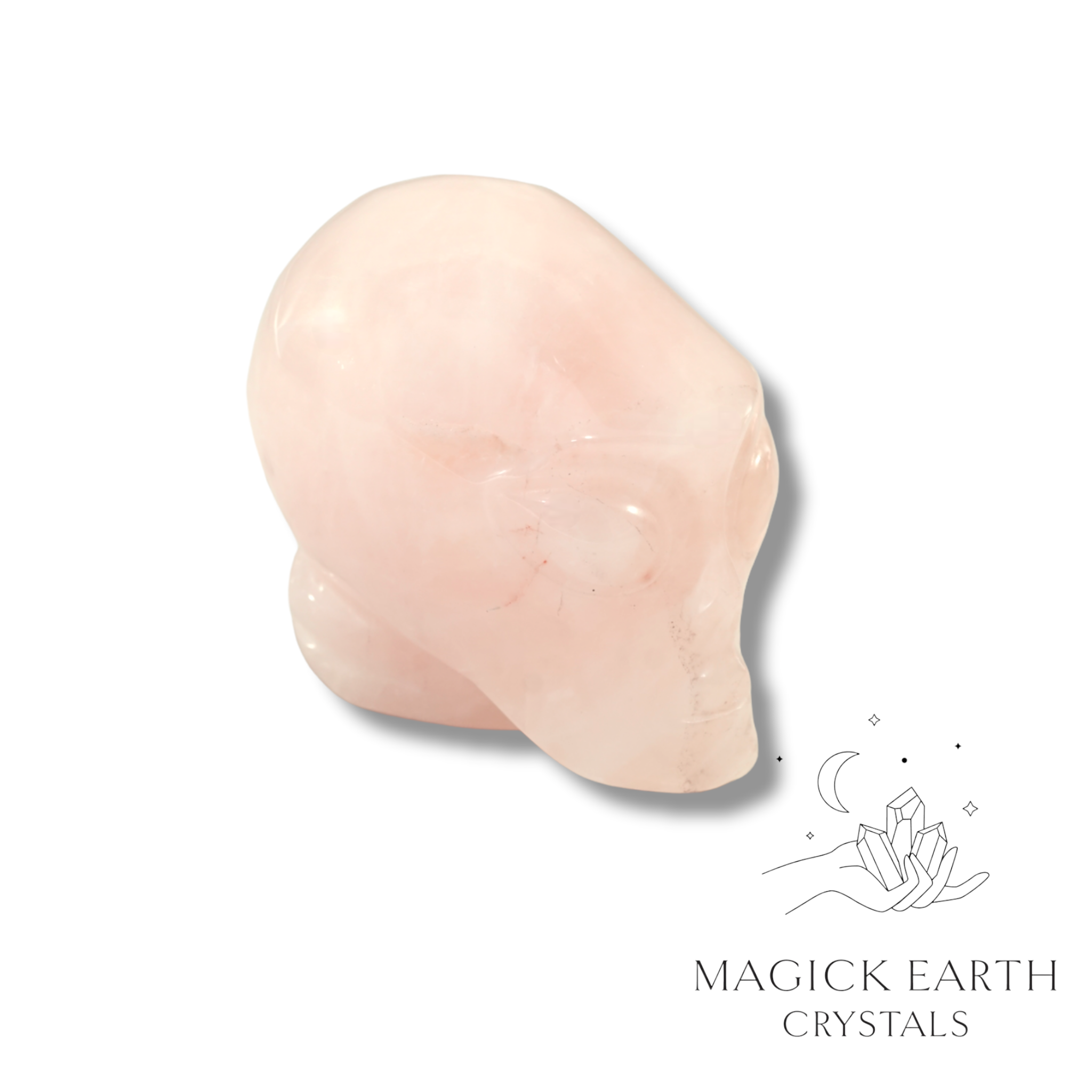 Natural Rose Quartz crystal alien skull view a