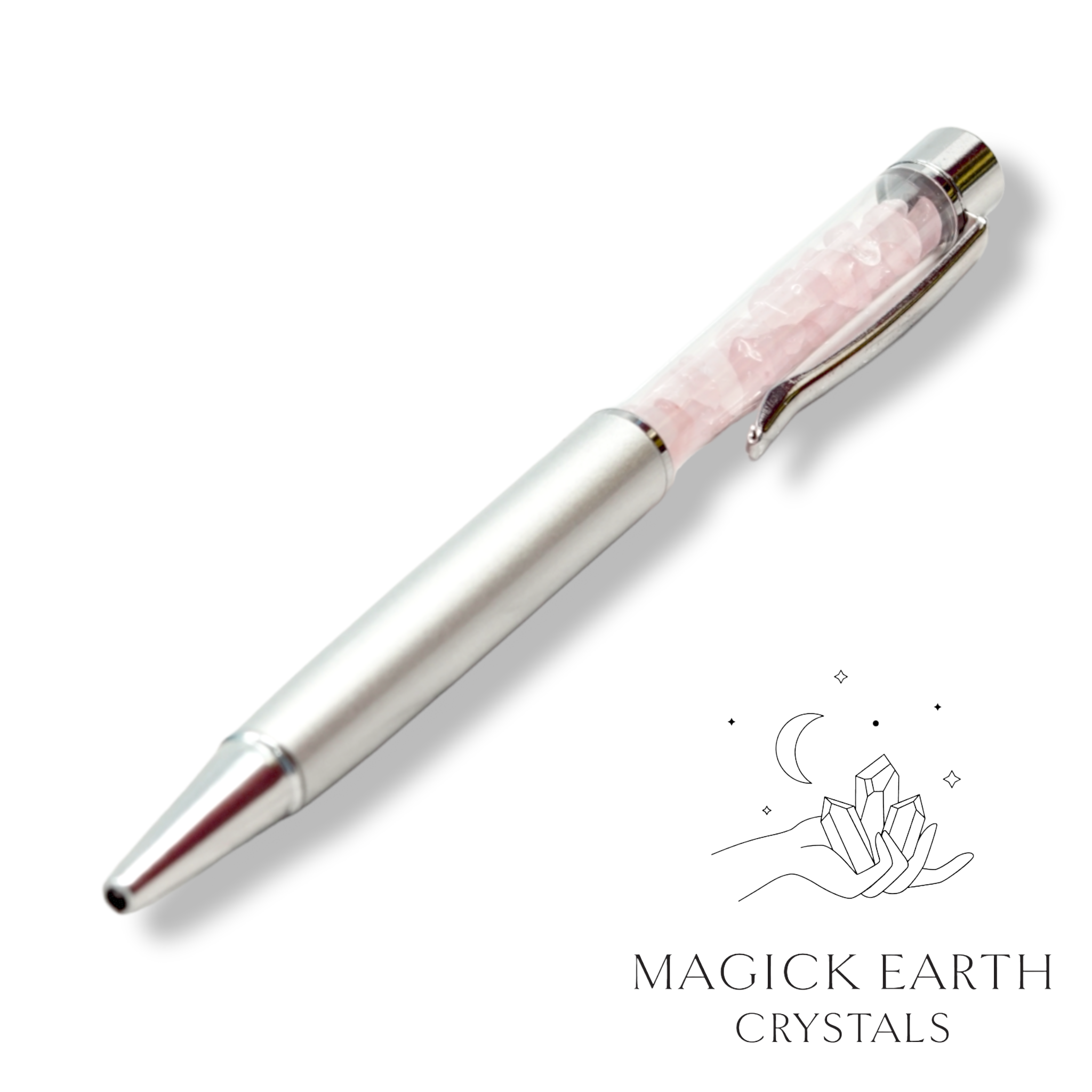 Natural Rose Quartz crystal chip pen view c