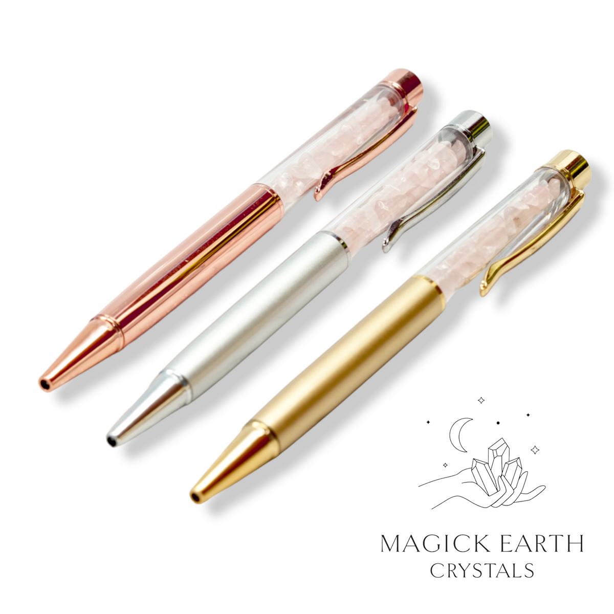 Natural Rose Quartz crystal chip pens view a