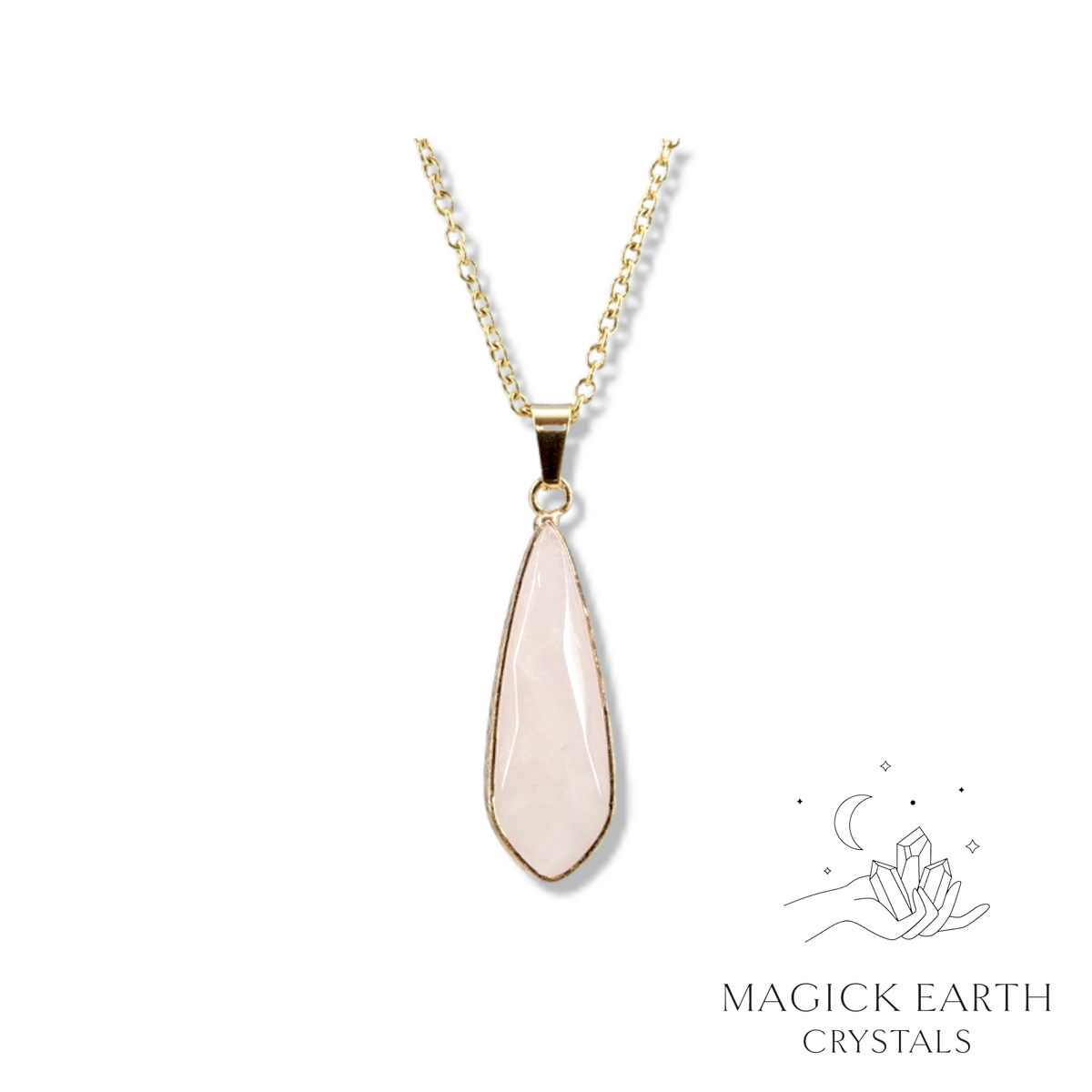 Natural Rose Quartz crystal long teardrop pendant faceted and gold edged