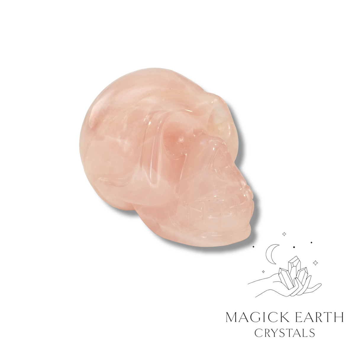Natural Rose Quartz crystal skull view a