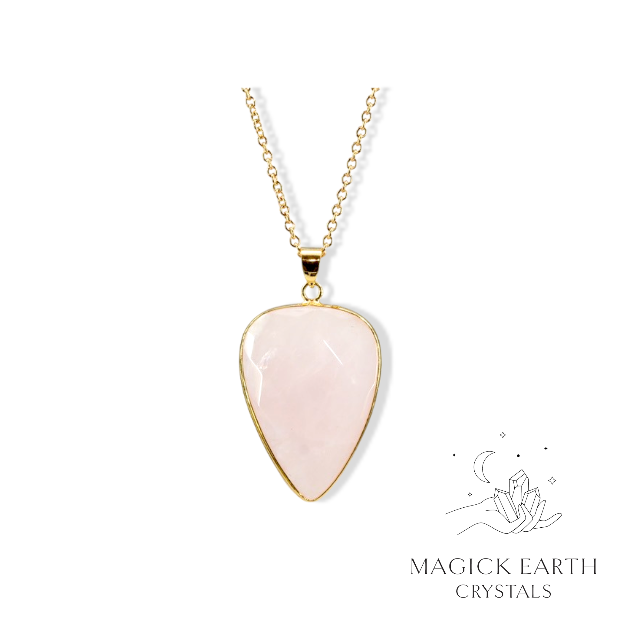 Natural Rose Quartz crystal teardrop pendant faceted and gold edged