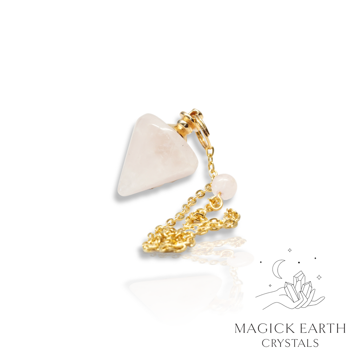 Natural Rose Quartz pinnacle crystal pendulum view a