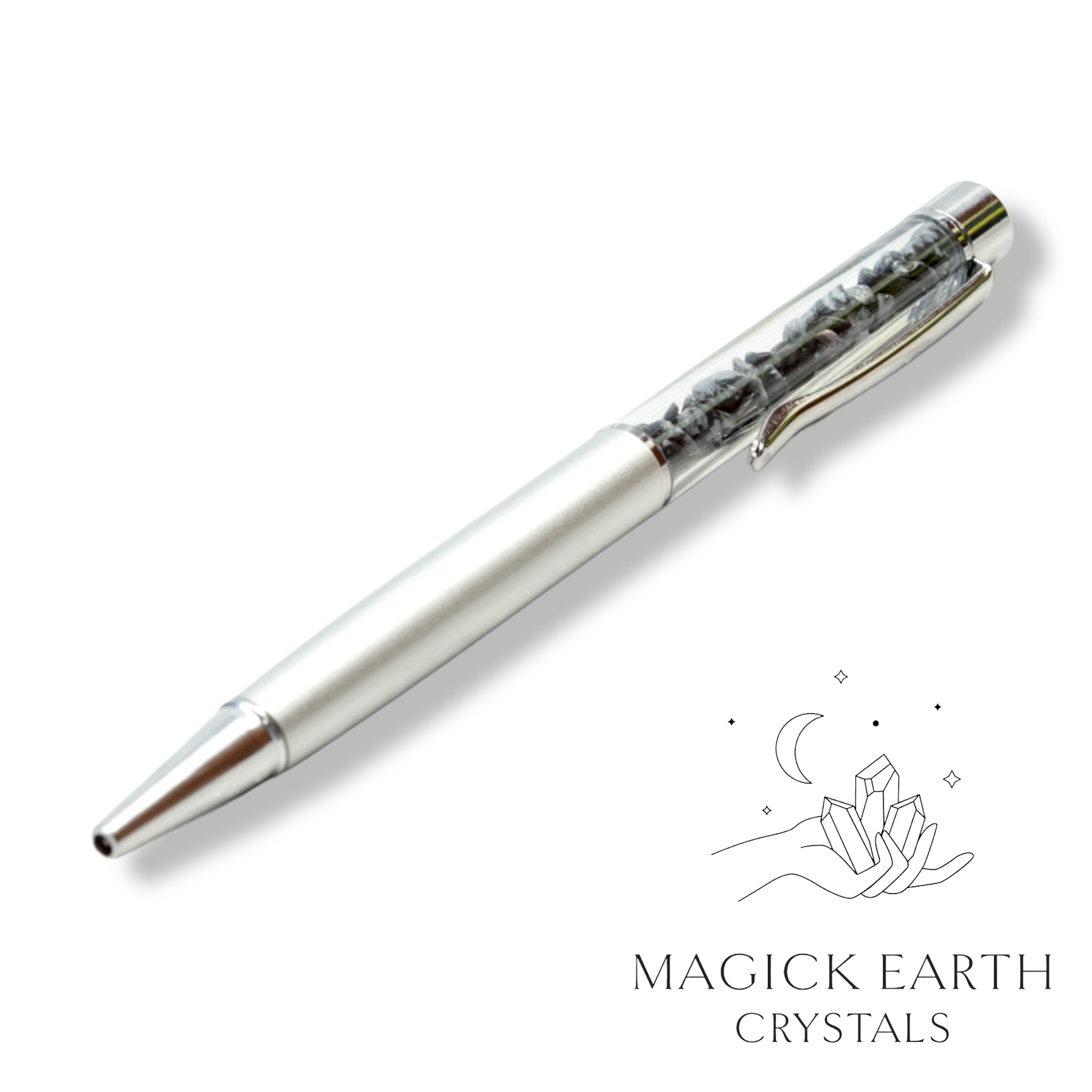Natural Snowflake Obsidian crystal chip pen view c