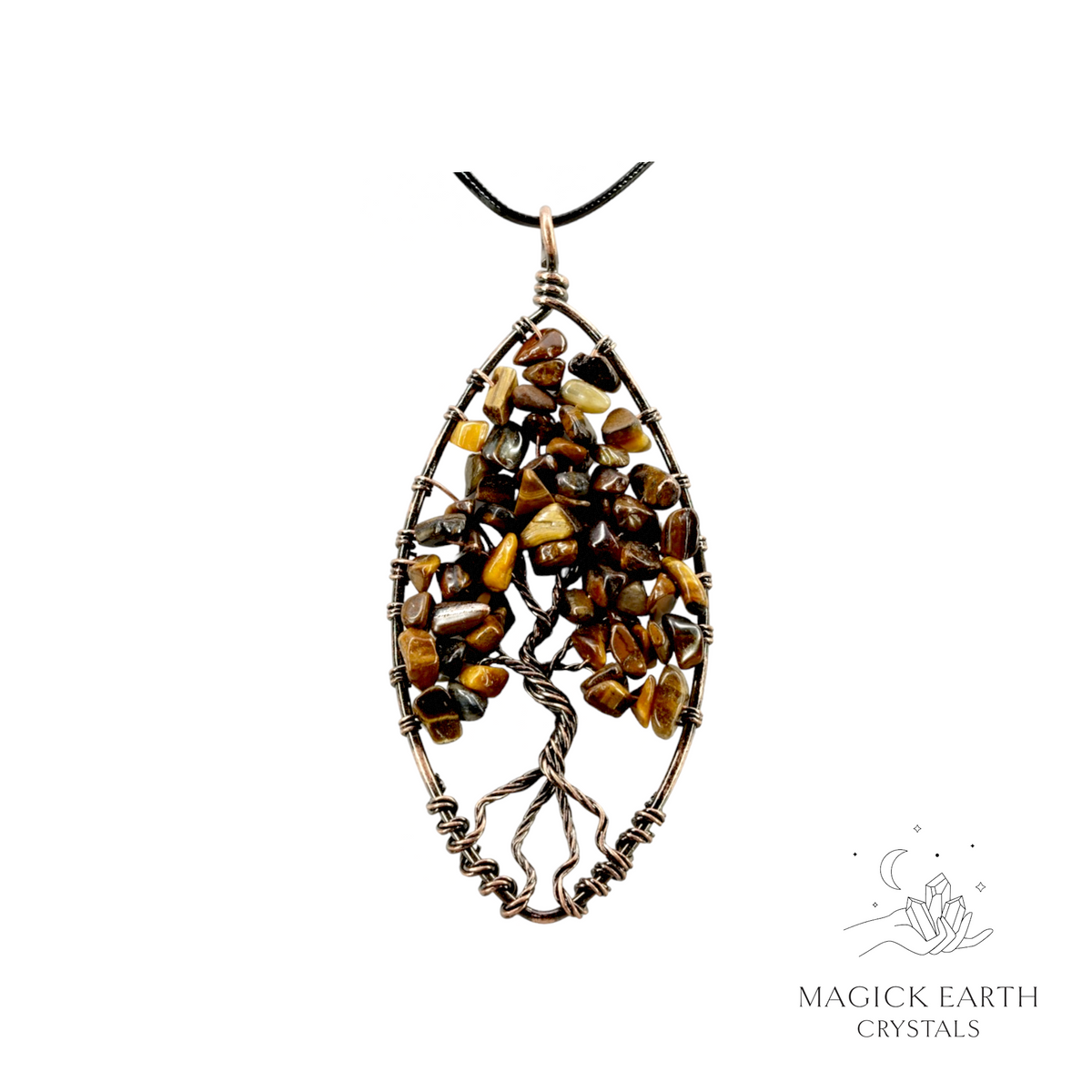 Natural Tiger Eye marquise tree of life chip pendant  