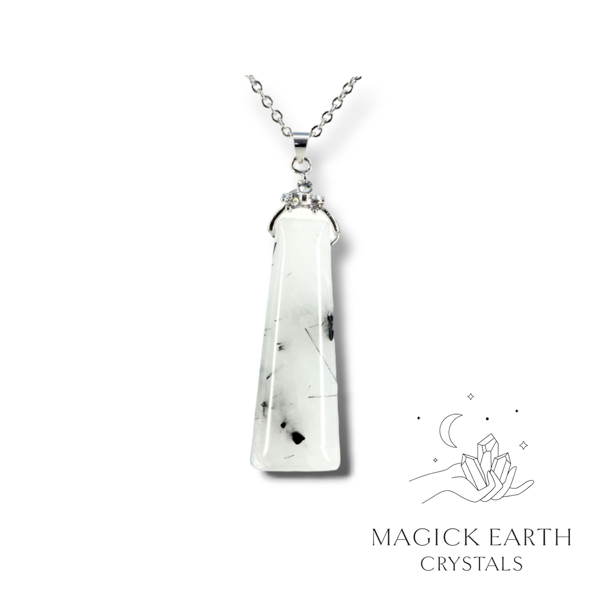 Natural Tourmalinated Quartz tapered pendant with platinum finish 