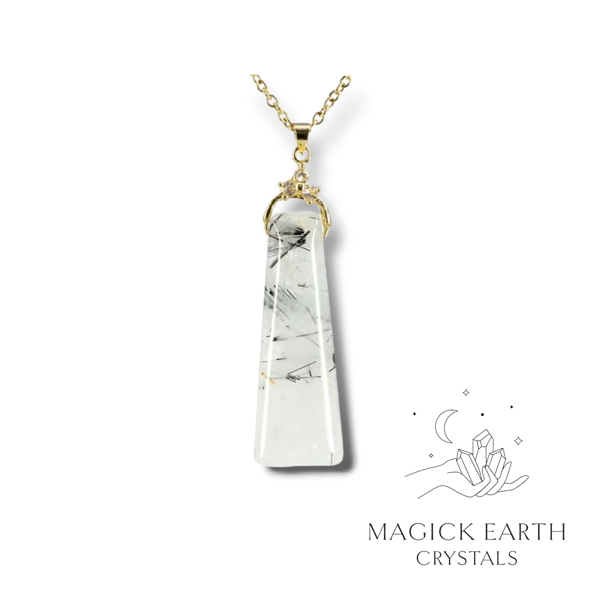 Natural Tourmalinated Quartz crystal tapered pendant view a